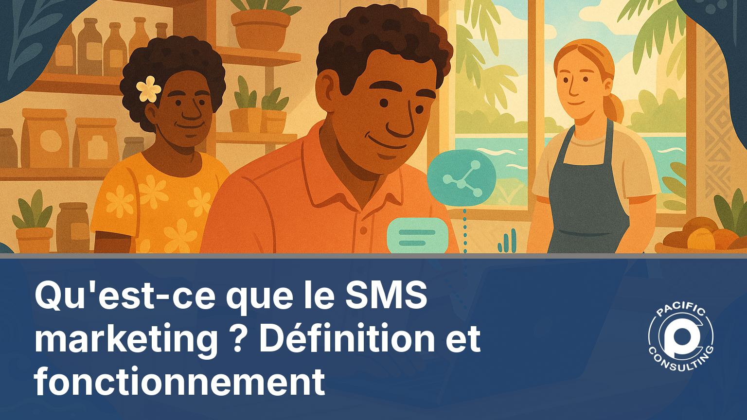 Illustration d'une petite entreprise calédonienne envoyant un SMS marketing à ses clients depuis un ordinateur