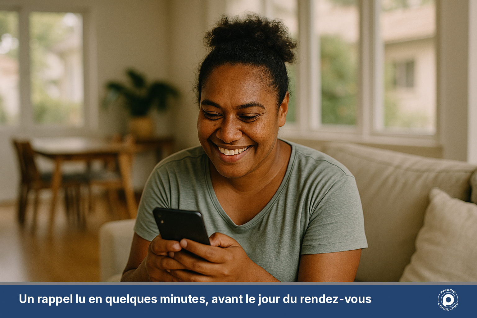 Patiente calédonienne consultant un rappel de rendez-vous medical sur son telephone