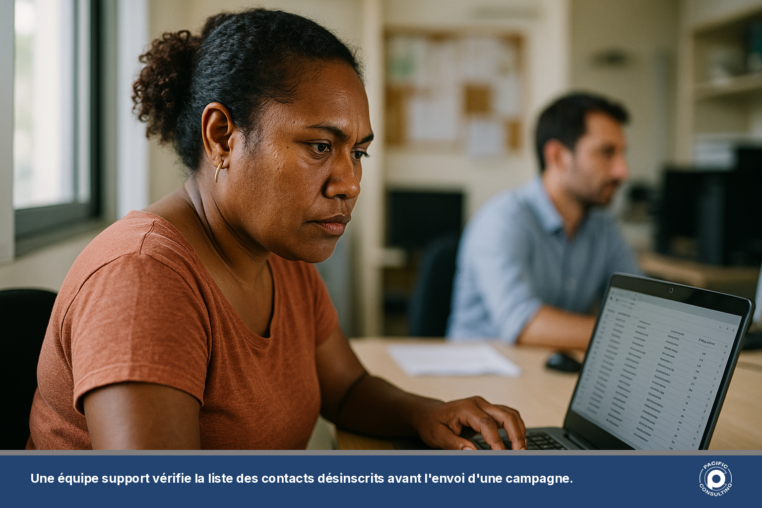 Photo réaliste d'une employée de support vérifiant une liste de contacts désinscrits sur un ordinateur portable