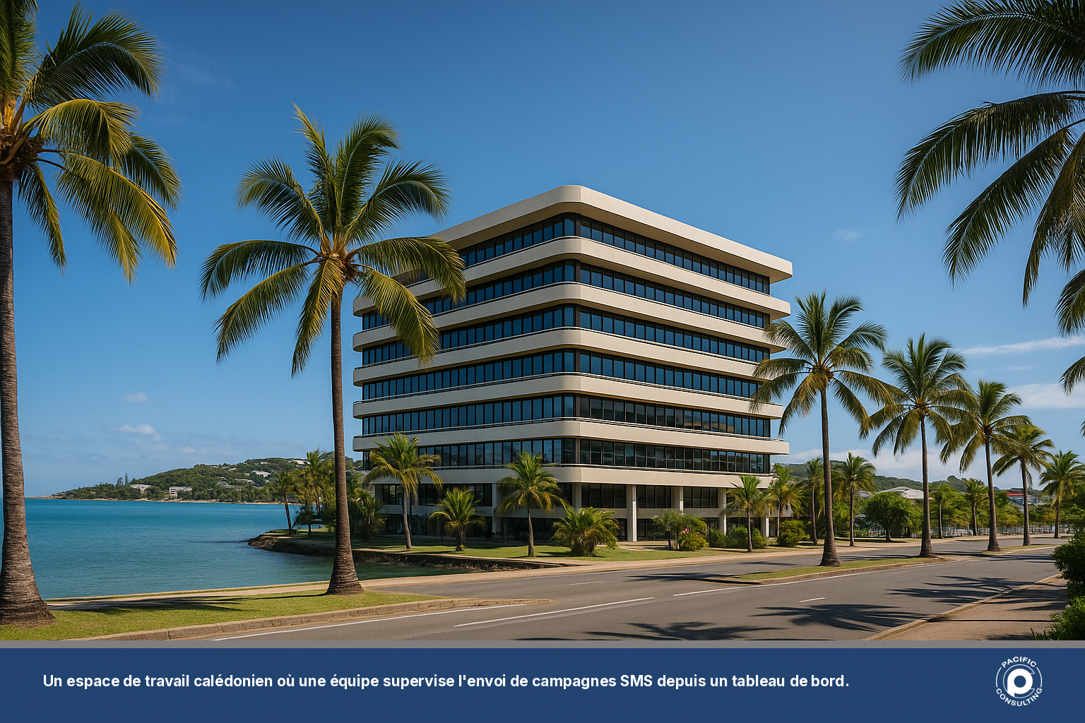 Photo réaliste d'un immeuble de bureaux moderne à Nouméa en bord de mer sous ciel bleu