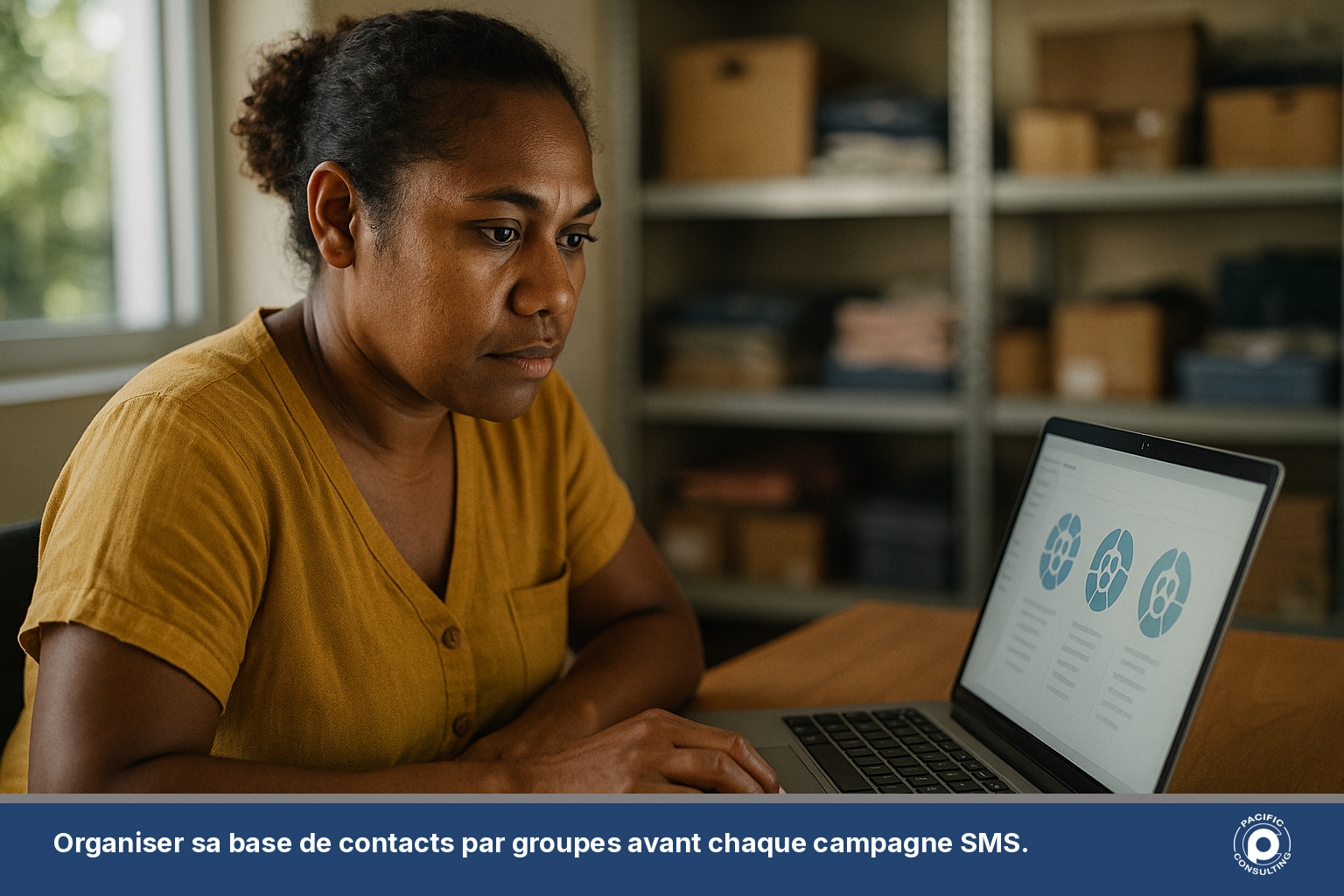 Commercante calédonienne consultant une liste de contacts classee par groupes sur un ordinateur portable