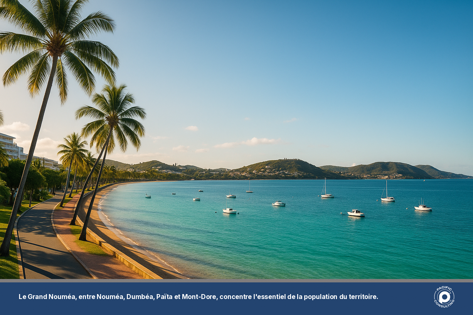 Vue du front de mer de Nouméa illustrant le Grand Noumea et ses communes