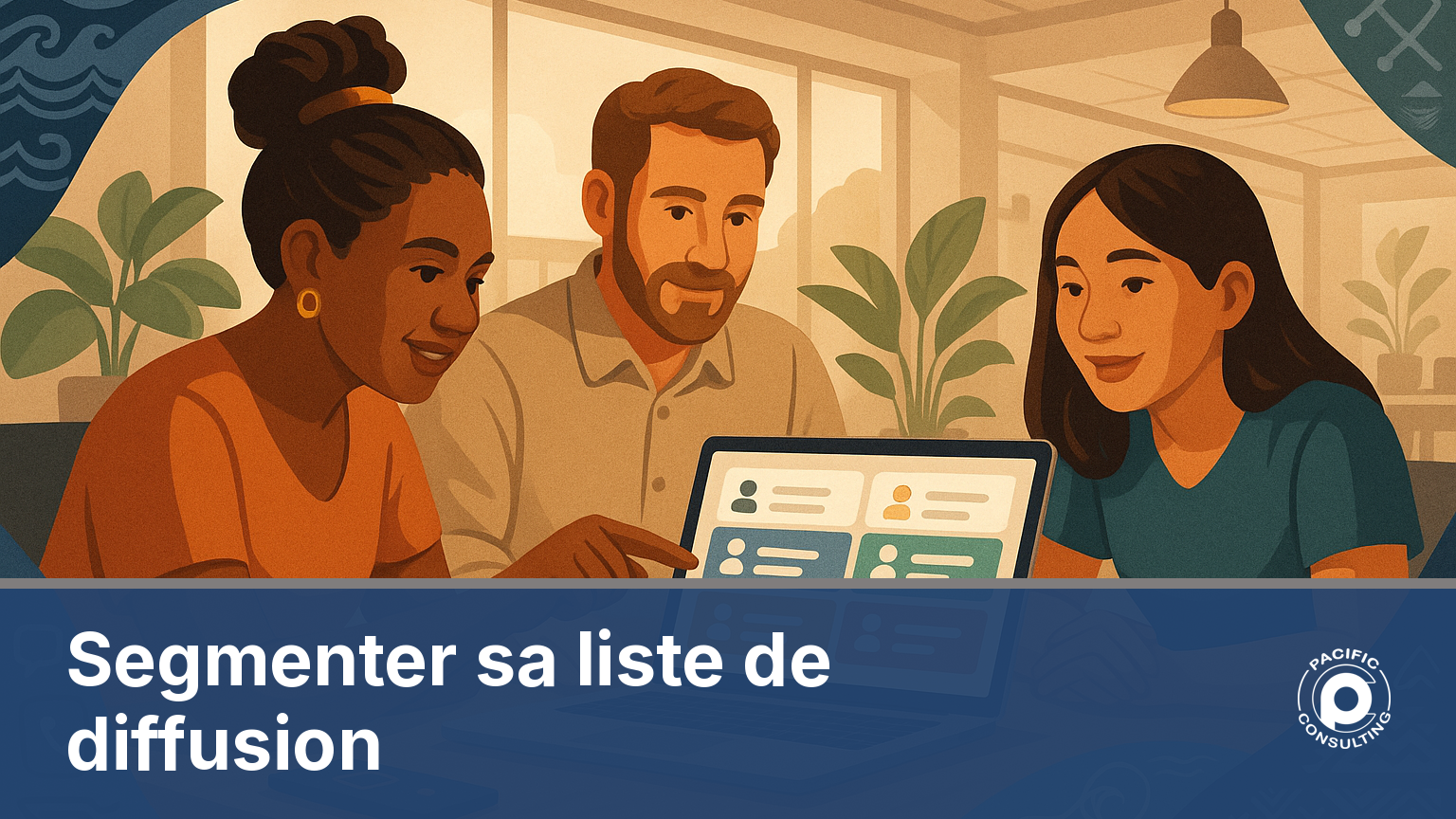 Illustration d'une equipe segmentant une liste de diffusion SMS par commune et historique d'achat
