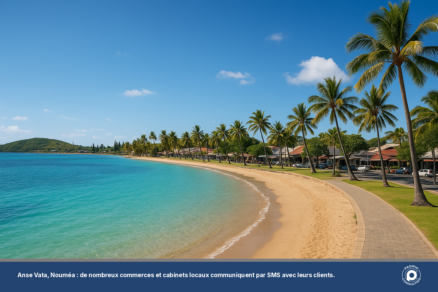 Vue de la baie de l'Anse Vata à Nouméa avec des commerces en bord de mer