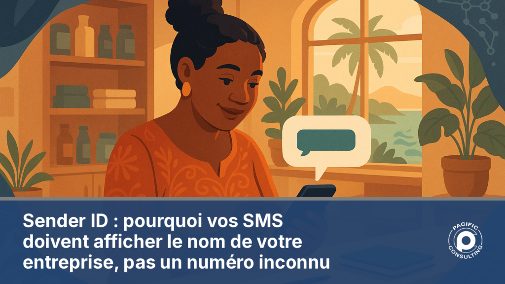 Illustration d'un smartphone affichant un SMS professionnel avec le nom d'expéditeur d'une entreprise calédonienne