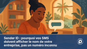 Illustration d'un smartphone affichant un SMS professionnel avec le nom d'expéditeur d'une entreprise calédonienne