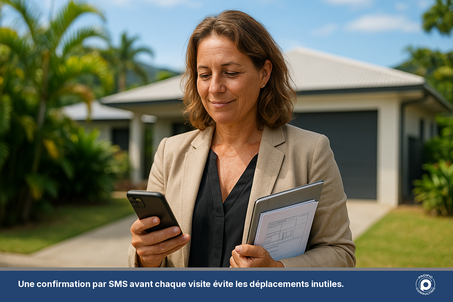 Agente immobilière calédonienne consultant son téléphone avant une visite de maison à Dumbéa