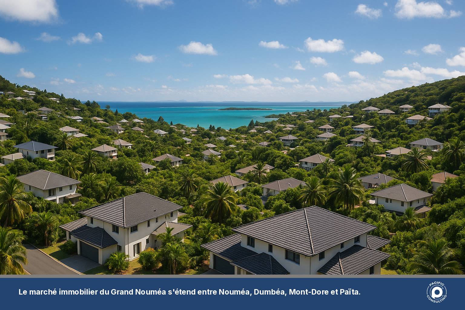 Quartier résidentiel du Grand Nouméa avec maisons et vue sur le lagon