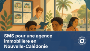 Agent immobilier calédonien envoyant un SMS de rappel de visite depuis son bureau à Nouméa