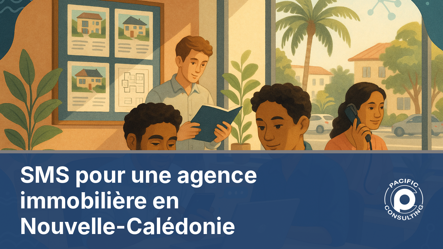 Agent immobilier calédonien envoyant un SMS de rappel de visite depuis son bureau à Nouméa