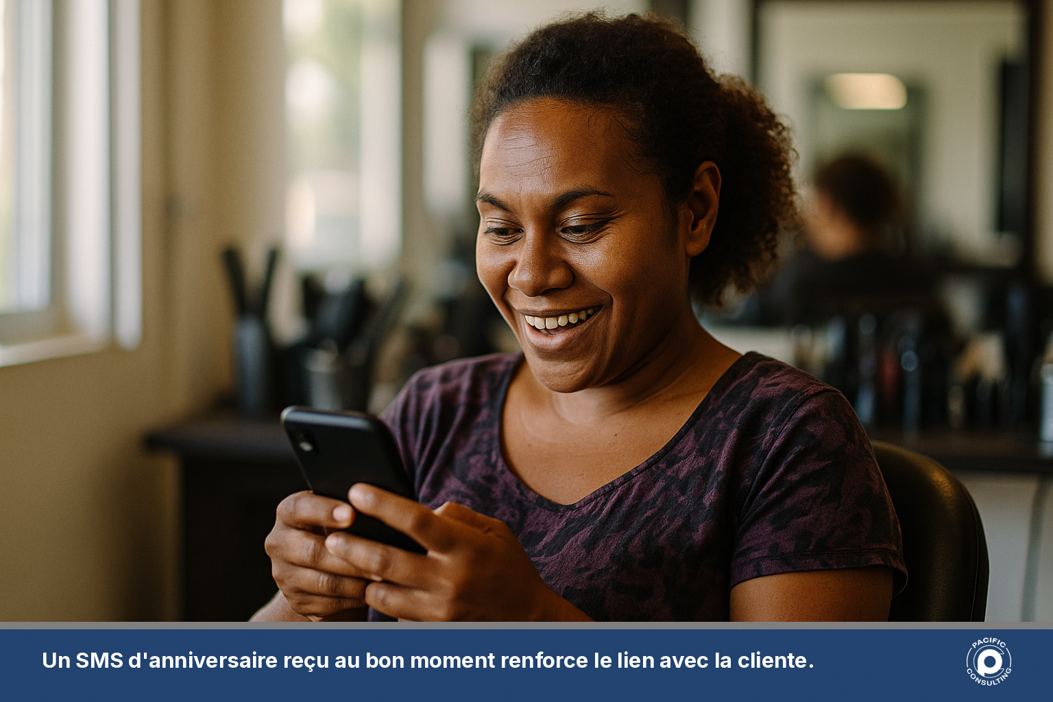 Cliente d'un salon de coiffure recevant un SMS d'anniversaire sur son téléphone à Nouméa