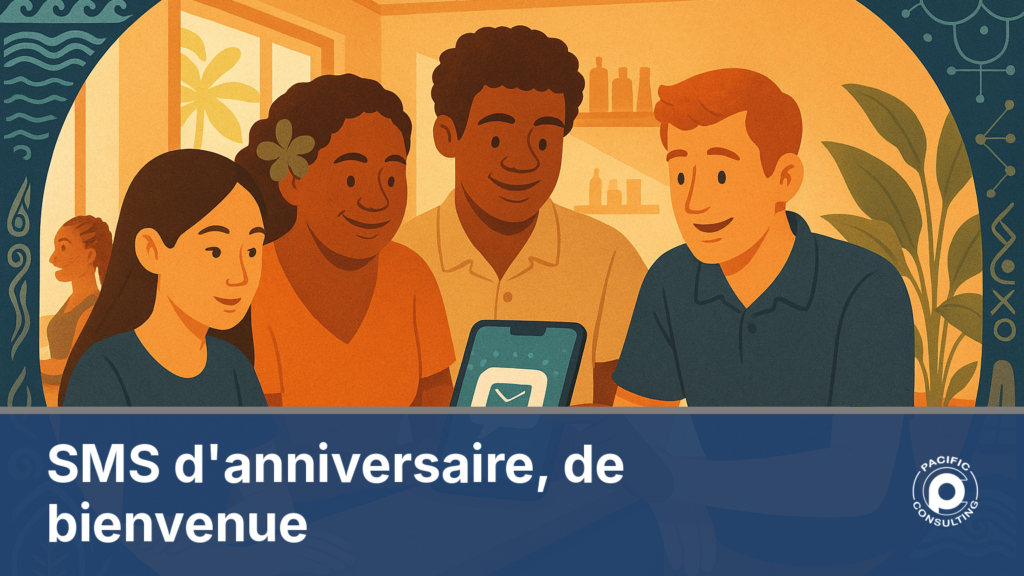 Illustration d'une équipe d'institut de beauté préparant un SMS d'anniversaire personnalisé pour une cliente