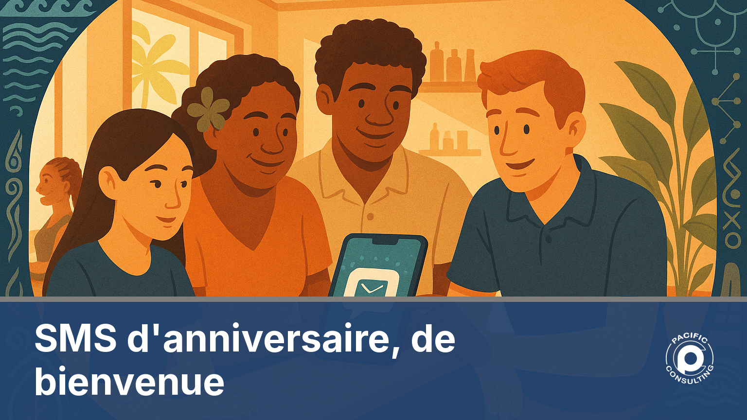 Illustration d'une équipe d'institut de beauté préparant un SMS d'anniversaire personnalisé pour une cliente