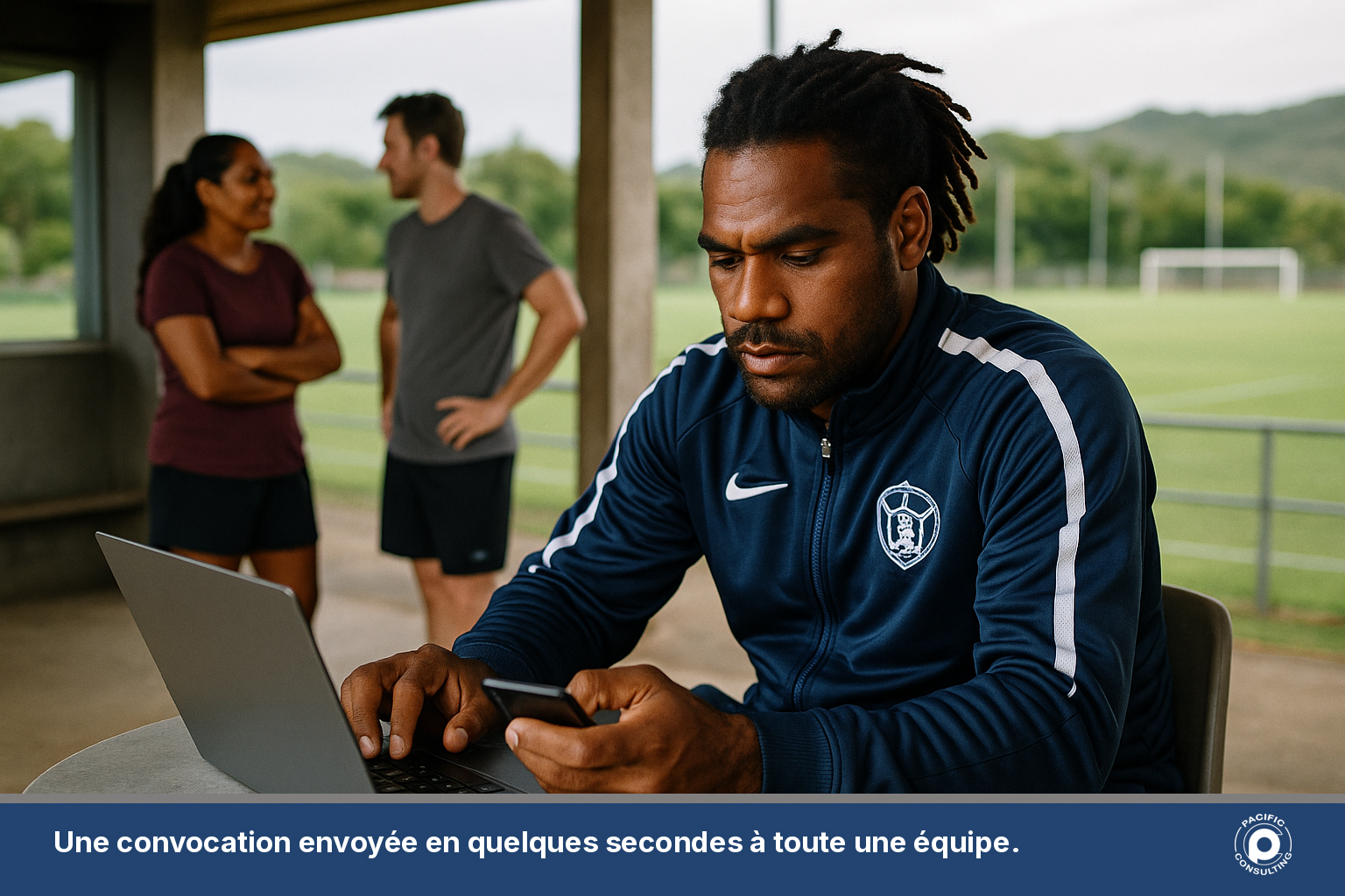 Responsable associatif envoyant une convocation par SMS depuis un ordinateur portable lors d'une réunion de club sportif