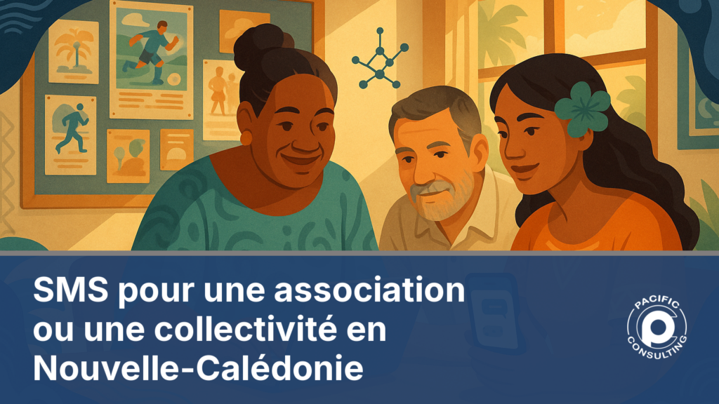 Illustration d'un bureau associatif et d'un secrétariat de mairie envoyant des SMS de convocation et d'alerte en Nouvelle-Calédonie