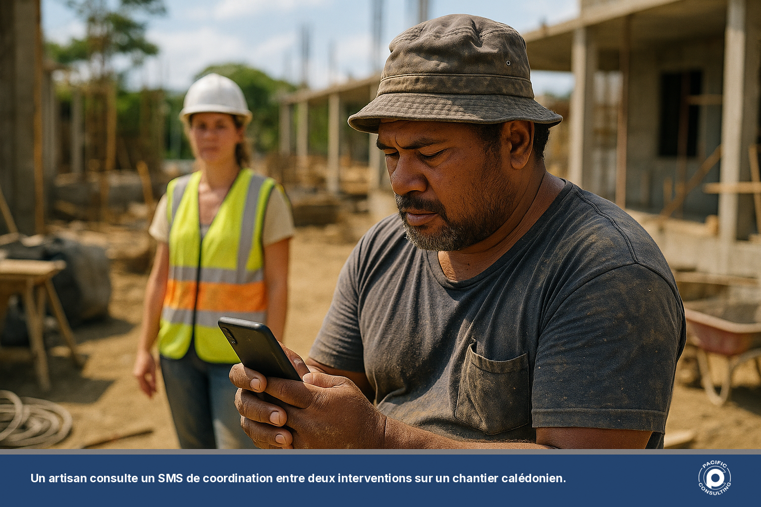 Artisan calédonien consultant un SMS de coordination entre deux interventions sur un chantier