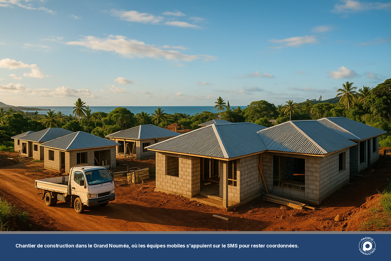 Chantier de construction dans le Grand Nouméa avec équipes mobiles sur fond de paysage calédonien