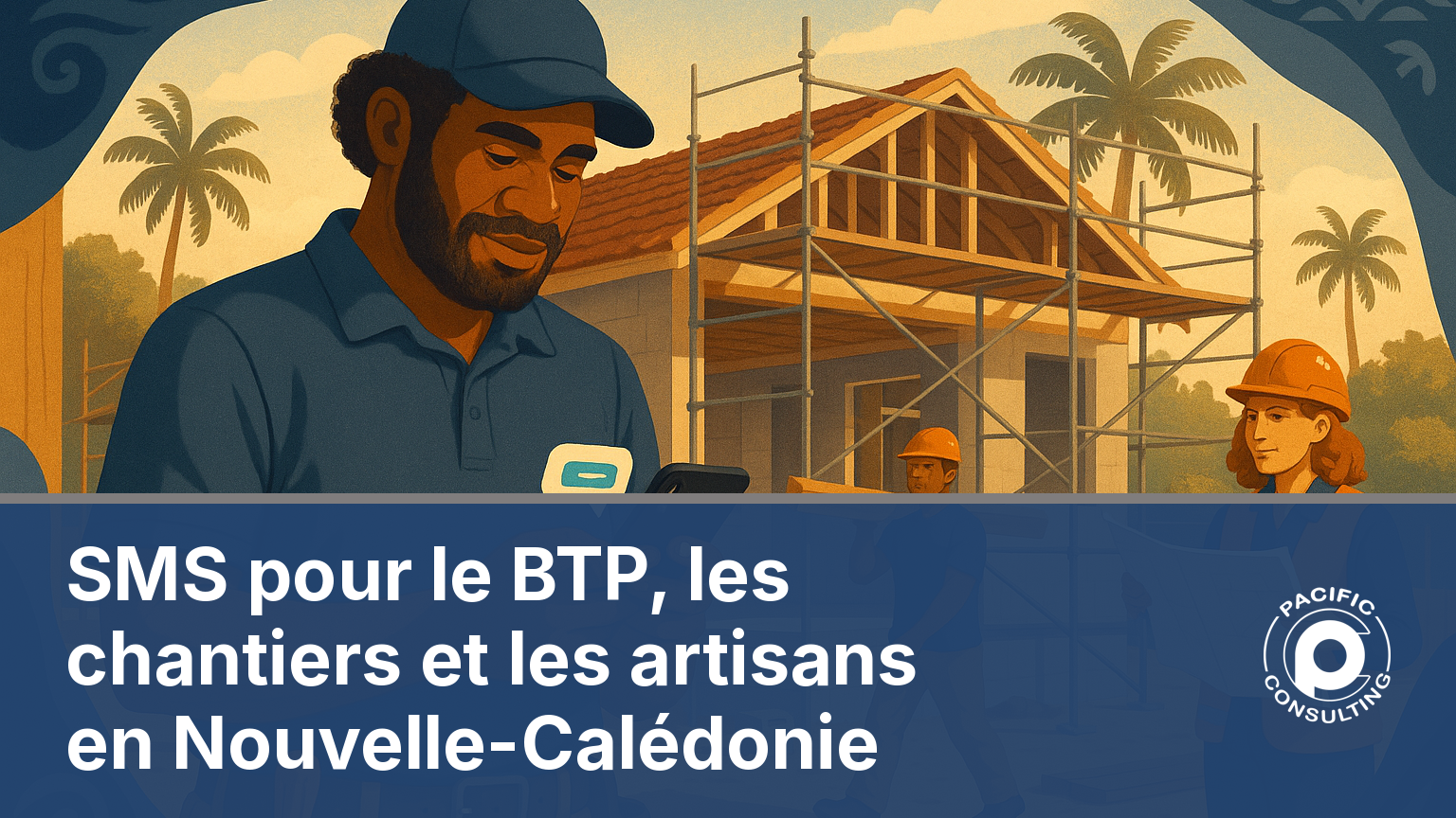 Illustration du SMS BTP chantier en Nouvelle-Calédonie : un artisan calédonien reçoit un message de chantier sur son téléphone