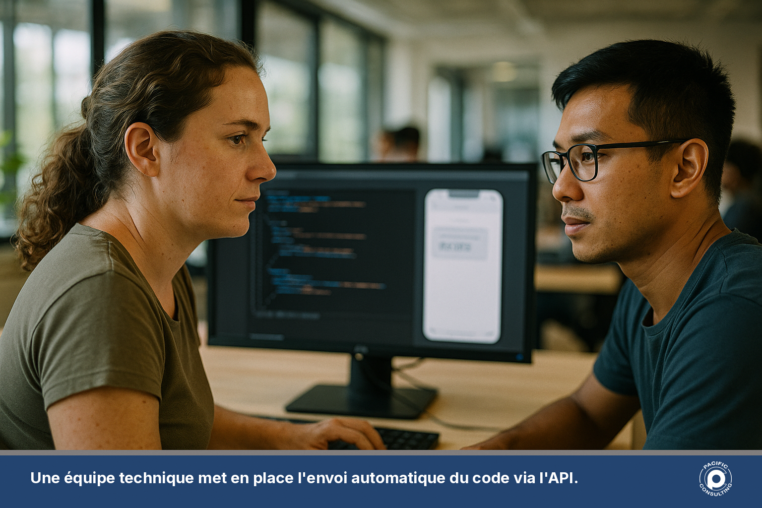 Développeuse calédonienne intégrant l'envoi automatique d'un code OTP via l'API sur son écran