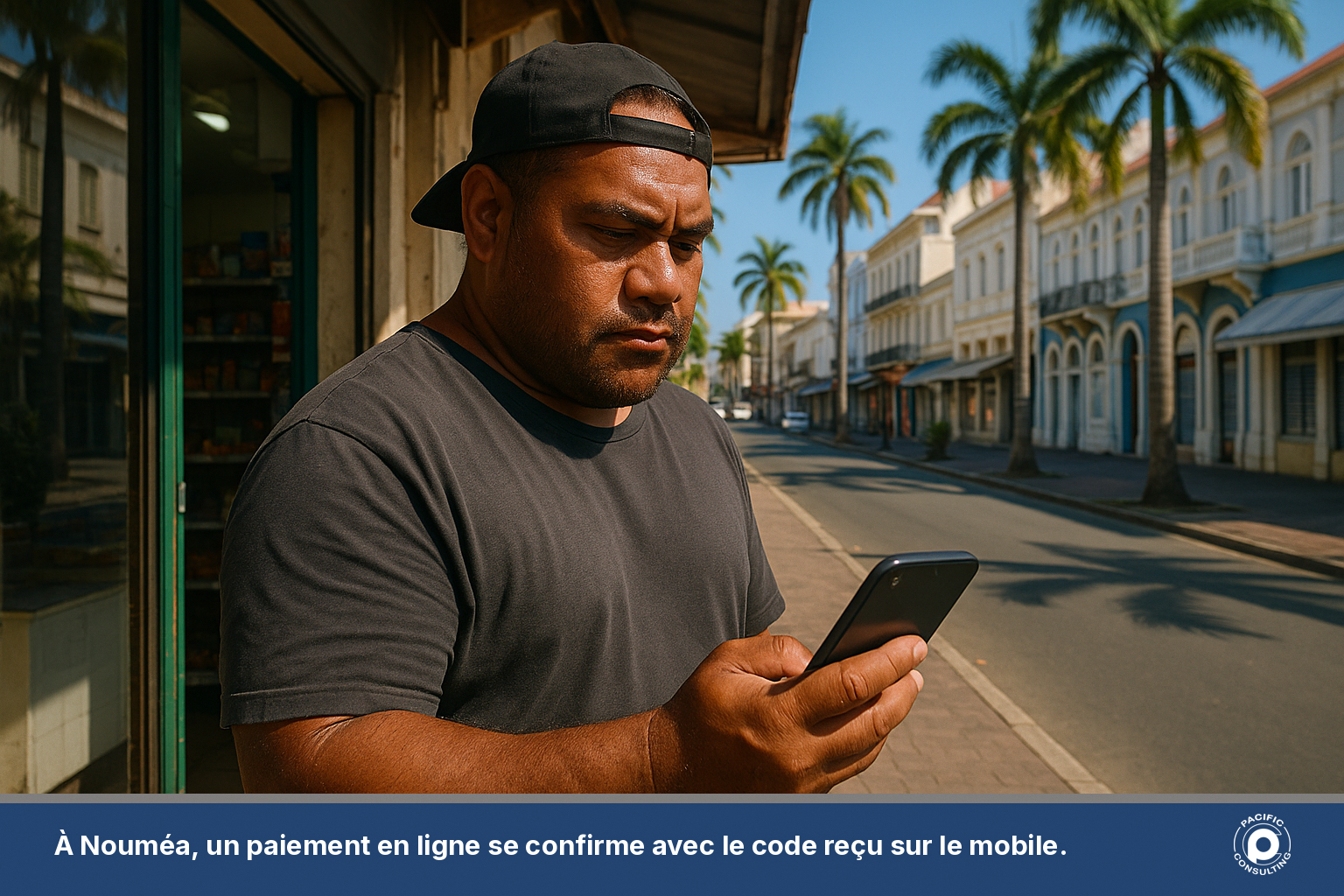 Client validant un paiement en ligne avec un code SMS dans une rue commerçante de Nouméa