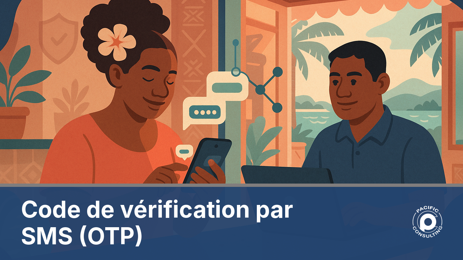 Illustration d'un client recevant un code de vérification par SMS OTP pour sécuriser sa connexion en Nouvelle-Calédonie