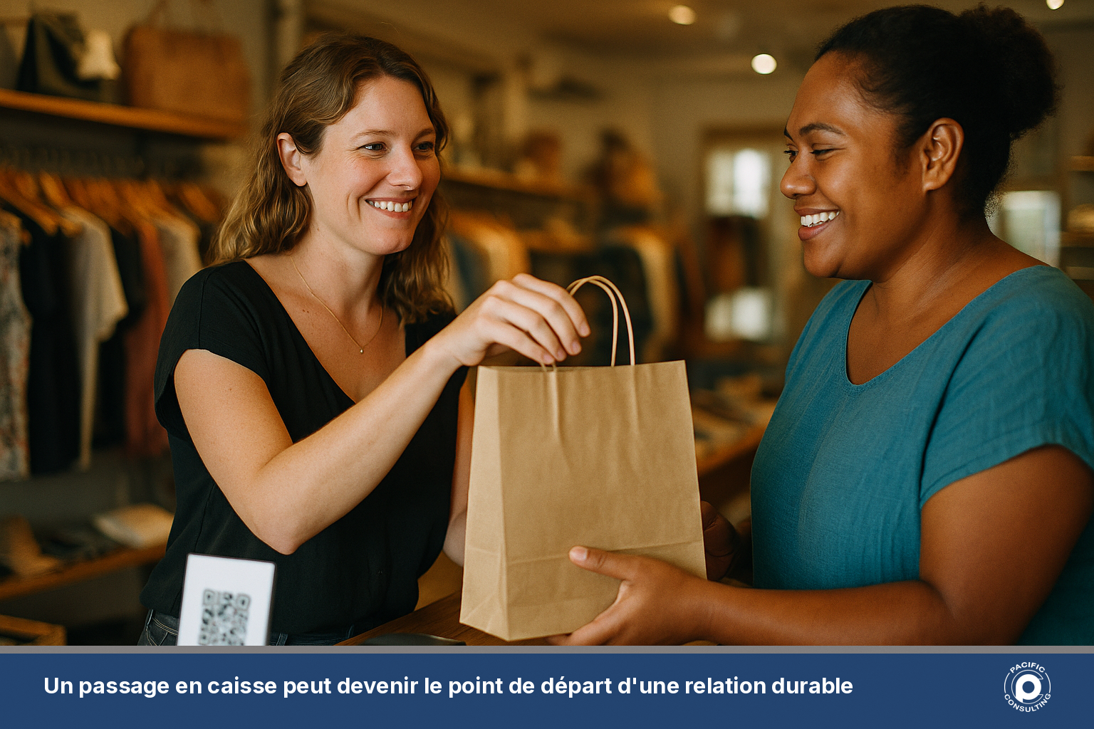 Vendeuse en boutique remettant un sac à une cliente fidèle après un achat en Nouvelle-Calédonie