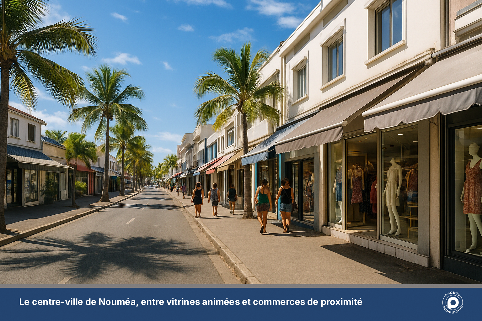 Rue commerçante du centre-ville de Nouméa avec vitrines de boutiques en journée
