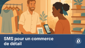 SMS commerce détail boutique fidélisation : cliente scannant un QR code en caisse en Nouvelle-Calédonie