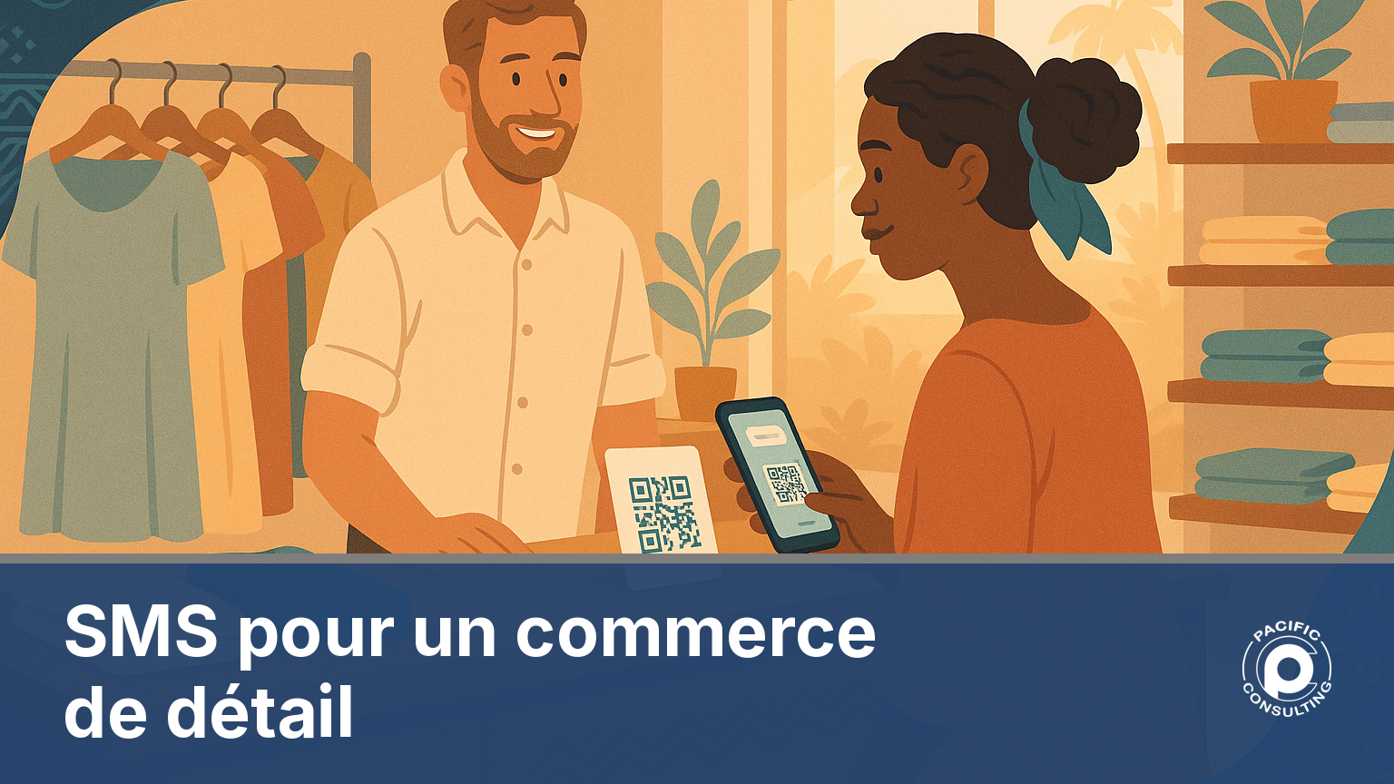 SMS commerce détail boutique fidélisation : cliente scannant un QR code en caisse en Nouvelle-Calédonie