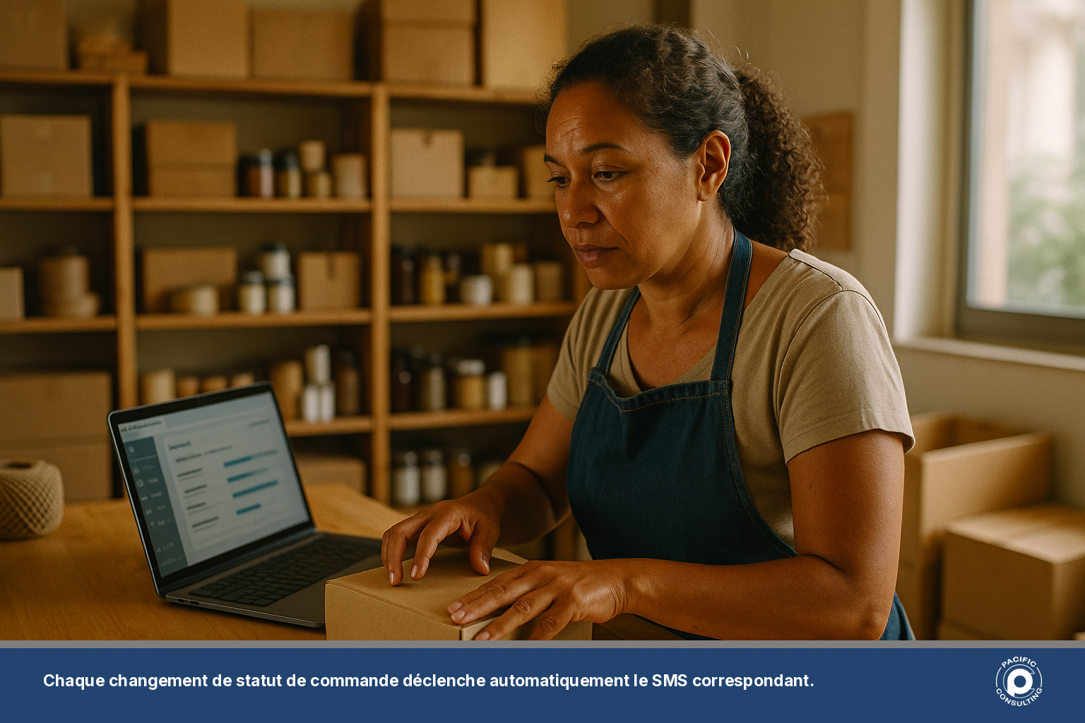 Commerçante calédonienne préparant un colis e-commerce et vérifiant les notifications SMS sur son ordinateur