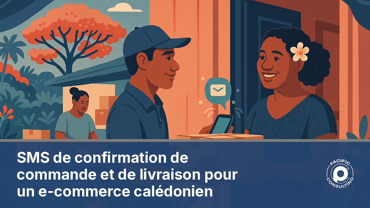 Illustration d'un SMS de confirmation de commande livraison reçu par une cliente e-commerce en Nouvelle-Calédonie