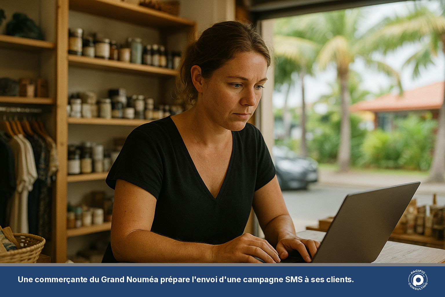 Employée d'une boutique du Grand Nouméa envoyant une campagne SMS depuis un ordinateur portable