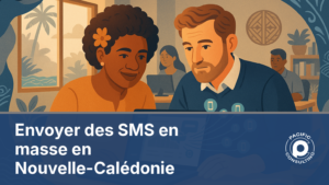Illustration éditoriale d'une équipe pilotant une campagne de SMS en masse en Nouvelle-Calédonie