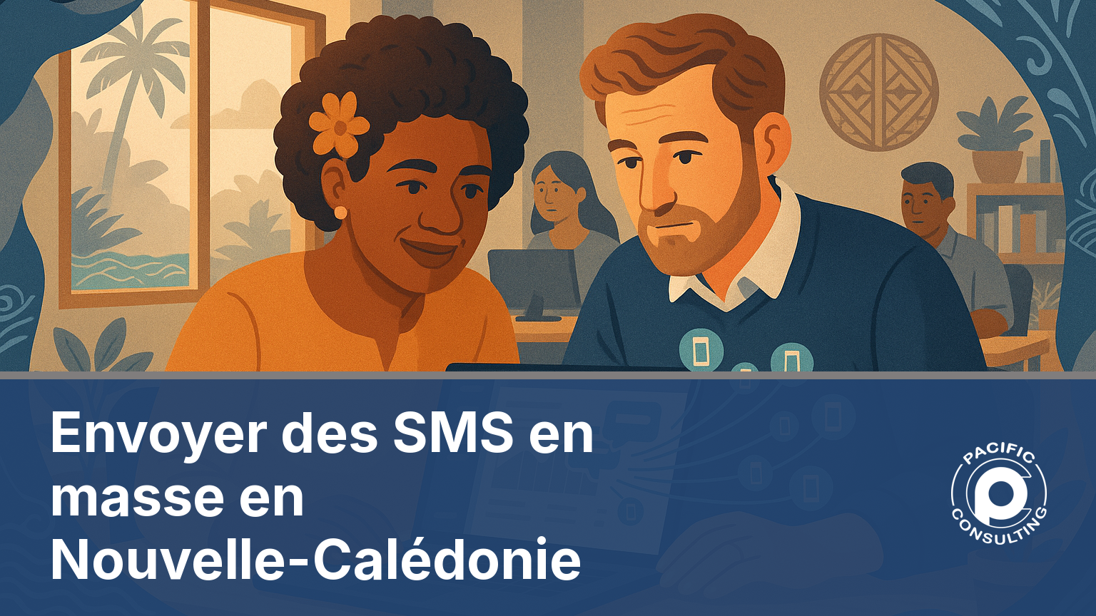 Illustration éditoriale d'une équipe pilotant une campagne de SMS en masse en Nouvelle-Calédonie