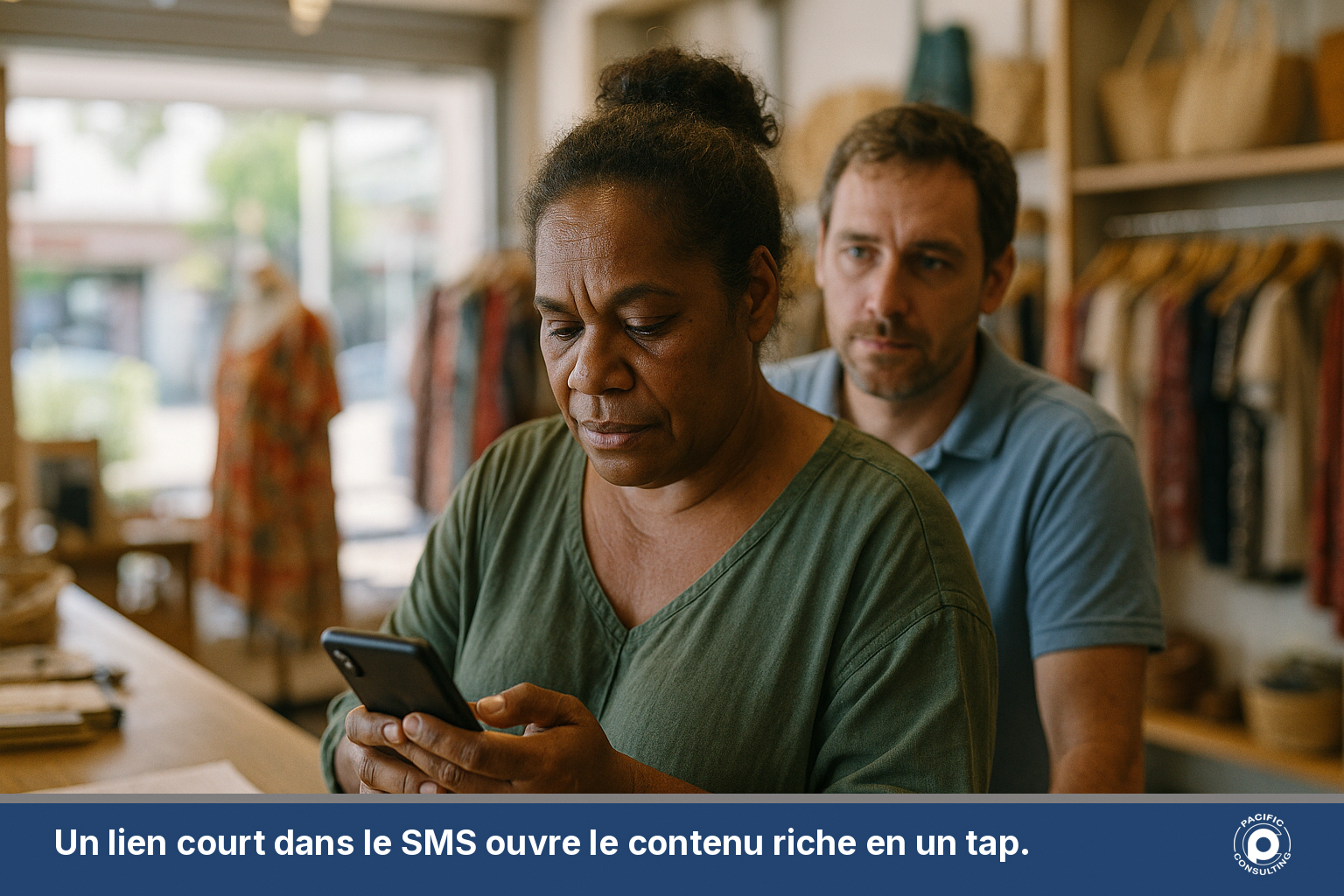 Commerçante calédonienne consultant un lien reçu par SMS sur son smartphone dans sa boutique