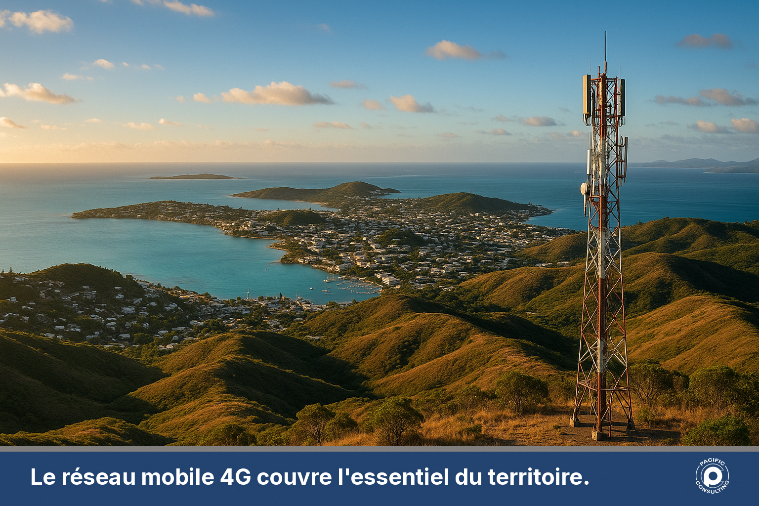 Paysage urbain de Nouméa avec antennes du réseau mobile couvrant le territoire