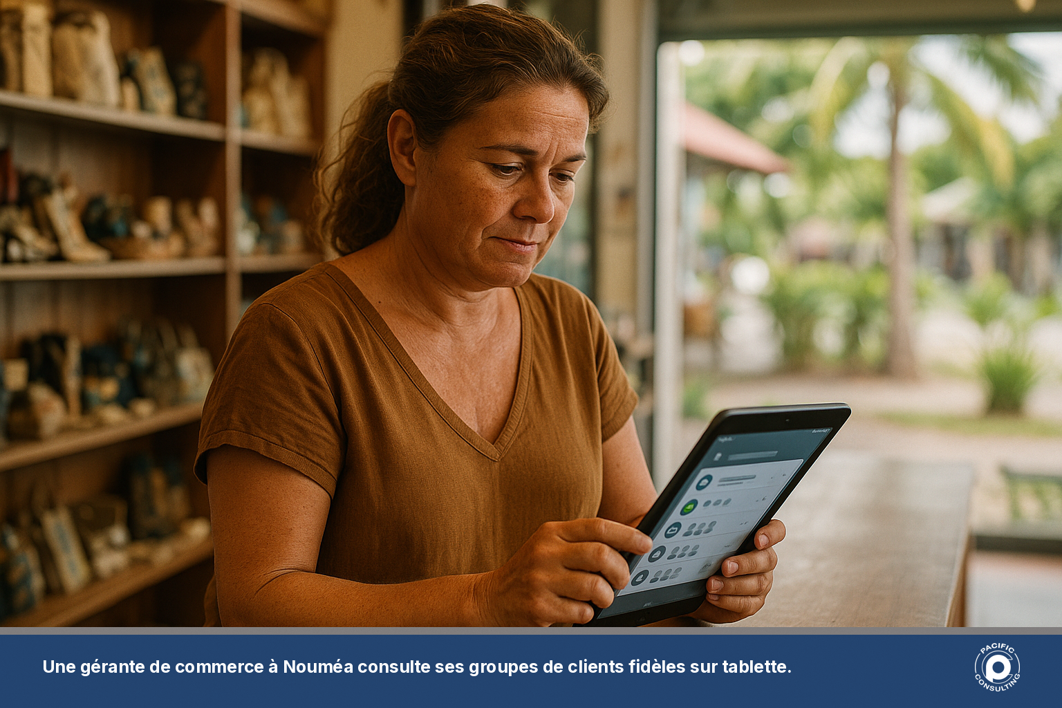 Gérante de commerce consultant ses groupes de clients fidèles sur tablette