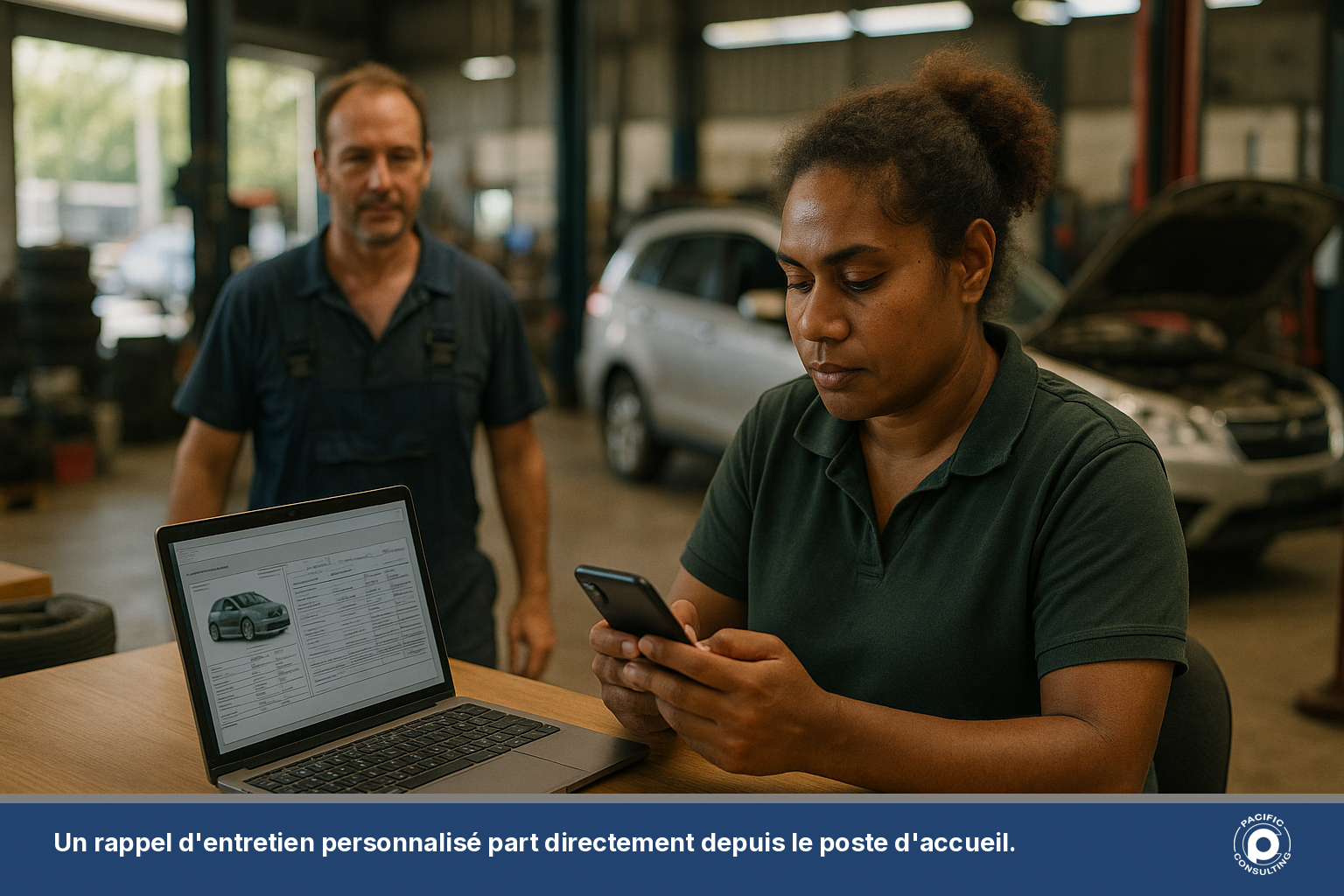 Conseillère de garage en Nouvelle-Calédonie consultant un smartphone pour envoyer un rappel d'entretien à un client