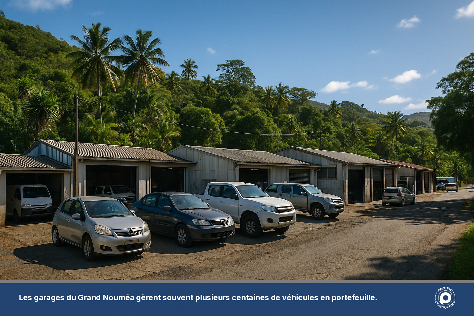 Zone commerciale et garages automobiles à Dumbéa en périphérie de Nouméa, Nouvelle-Calédonie