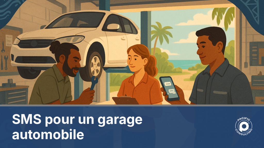 SMS garage automobile entretien : illustration d'un atelier calédonien envoyant un rappel de révision à un client