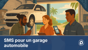 SMS garage automobile entretien : illustration d'un atelier calédonien envoyant un rappel de révision à un client