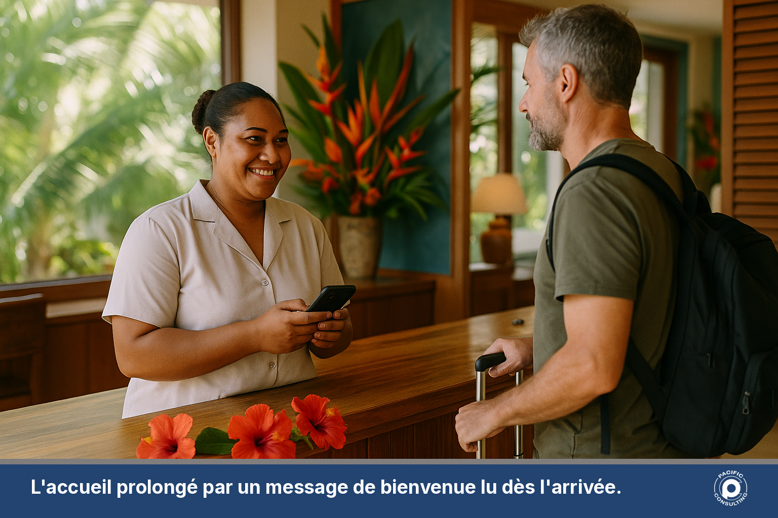 Réceptionniste d'un hôtel calédonien consultant un smartphone à l'accueil d'un client