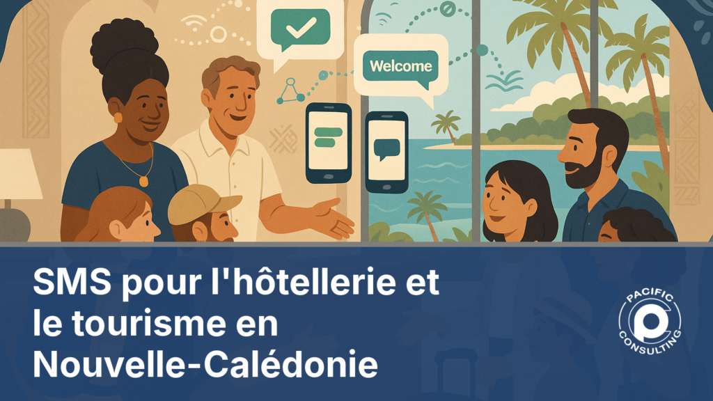 Illustration éditoriale d'un hôtel calédonien envoyant des SMS de séjour à sa clientèle internationale (sms hôtellerie tourisme Nouvelle-Calédonie)