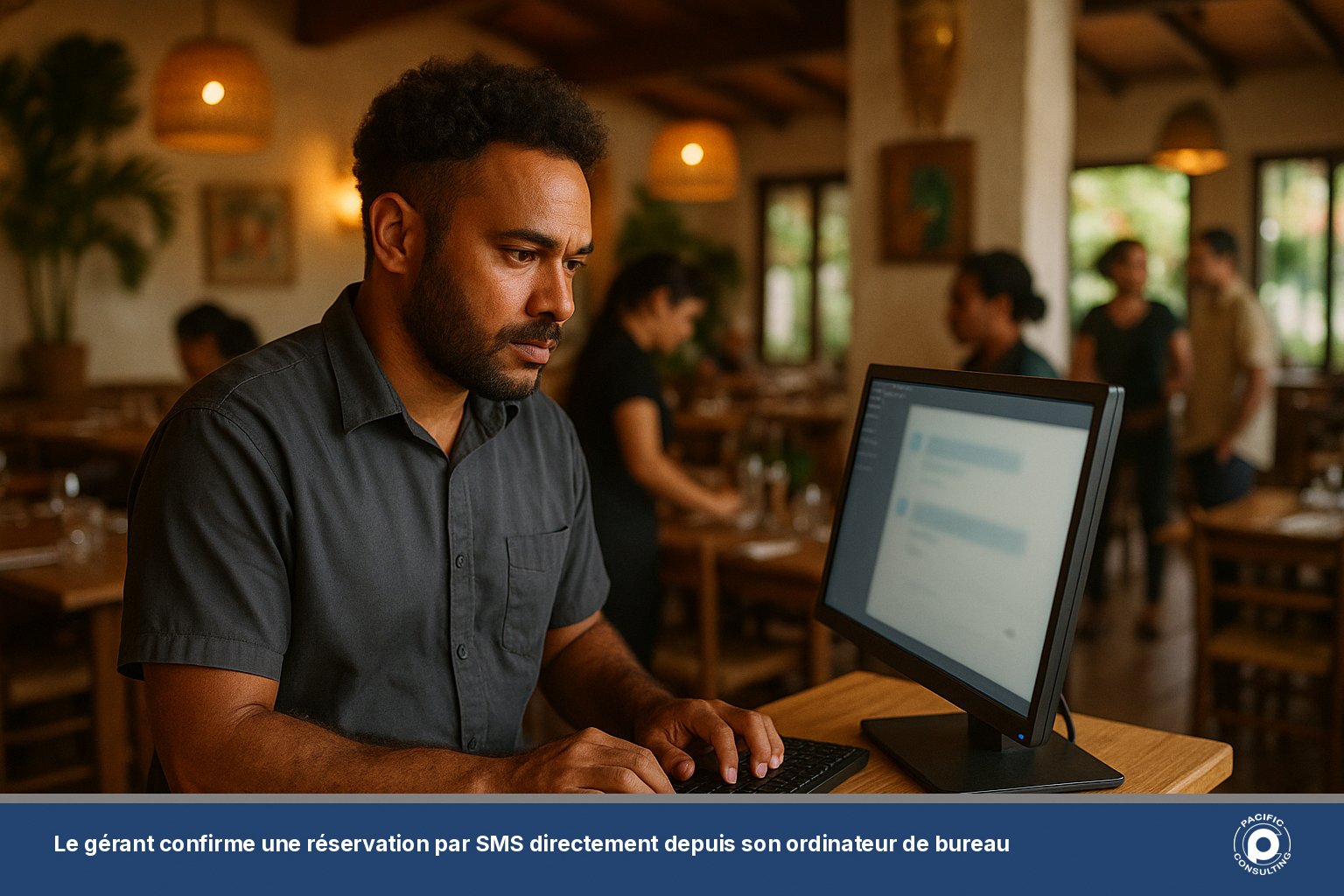 Un gérant de restaurant confirme une réservation par SMS depuis son ordinateur de bureau