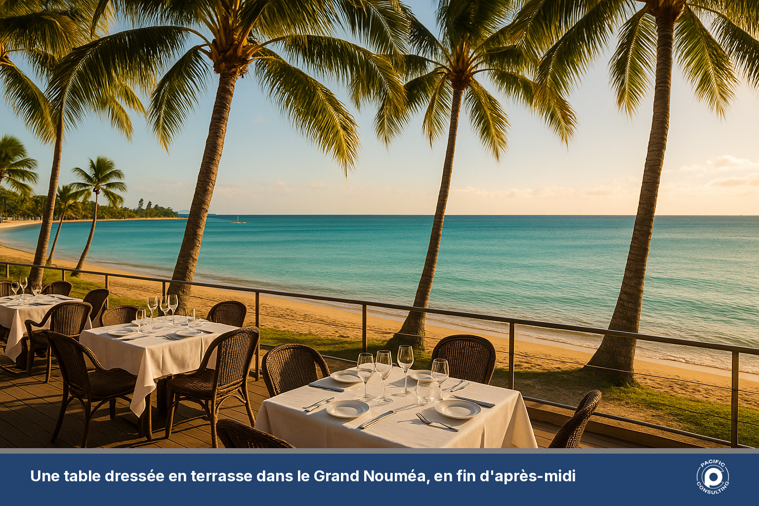 Une table dressée en terrasse dans le Grand Nouméa en fin d'après-midi