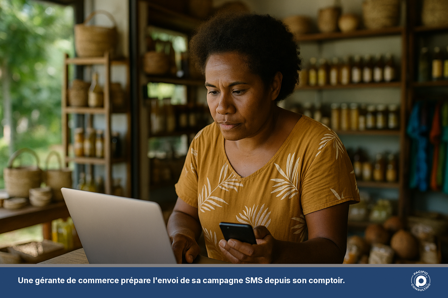 Une gerante de commerce en Nouvelle-Caledonie envoie une campagne SMS depuis son ordinateur portable au comptoir