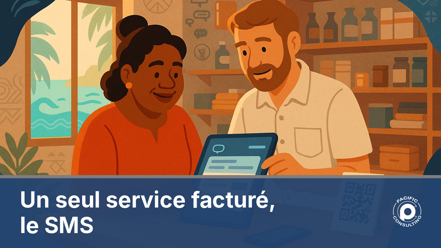 Illustration d'une petite entreprise calédonienne gérant sa facturation SMS marketing sur une seule ligne de coût