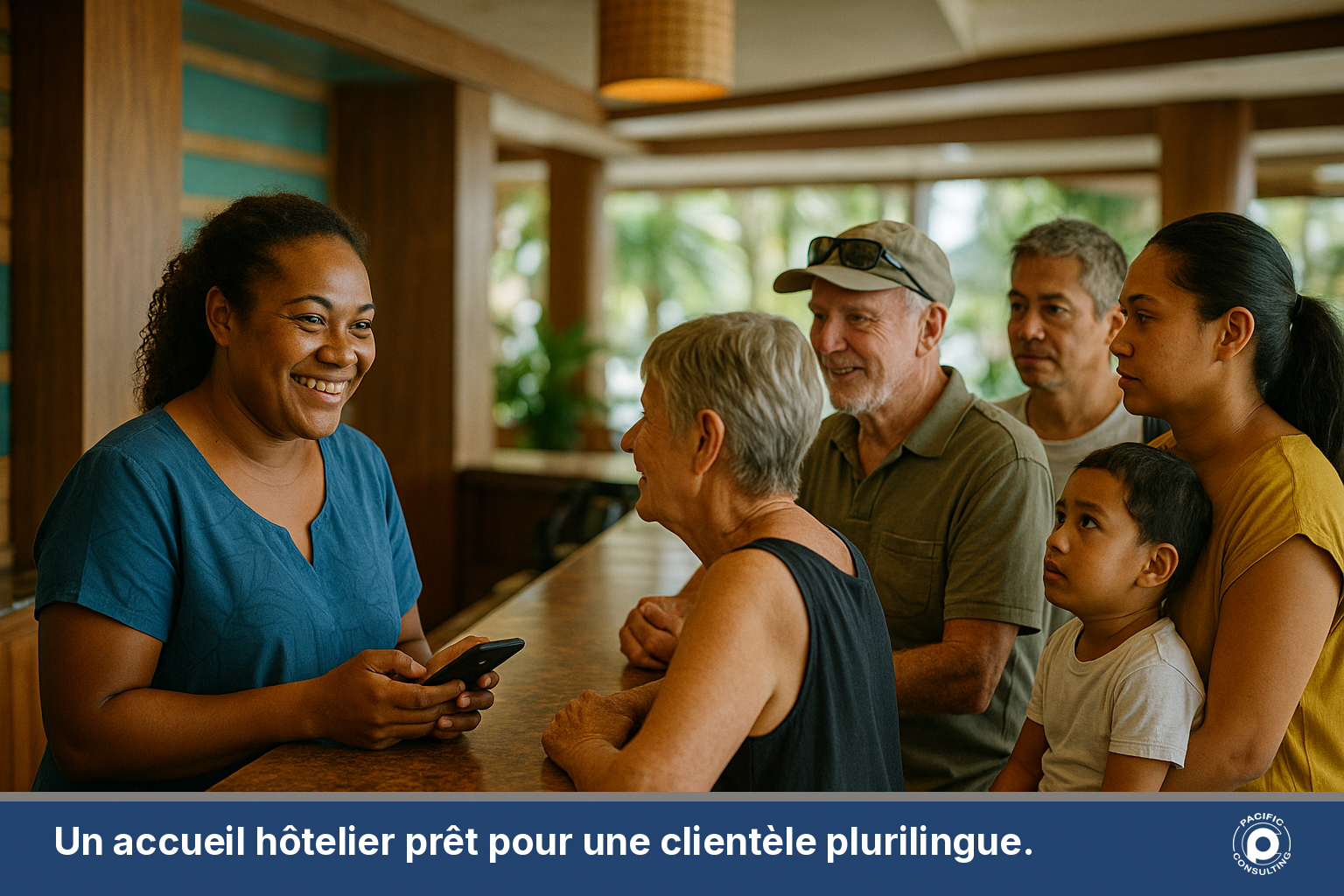 Réceptionniste d'hôtel accueillant des clients internationaux avec un smartphone à Nouméa