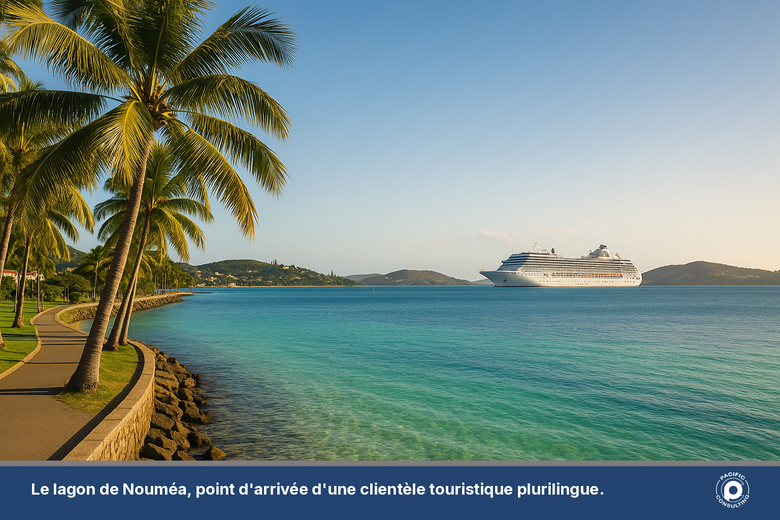 Paysage du lagon de Nouméa avec un bateau de croisière au loin symbolisant le tourisme international
