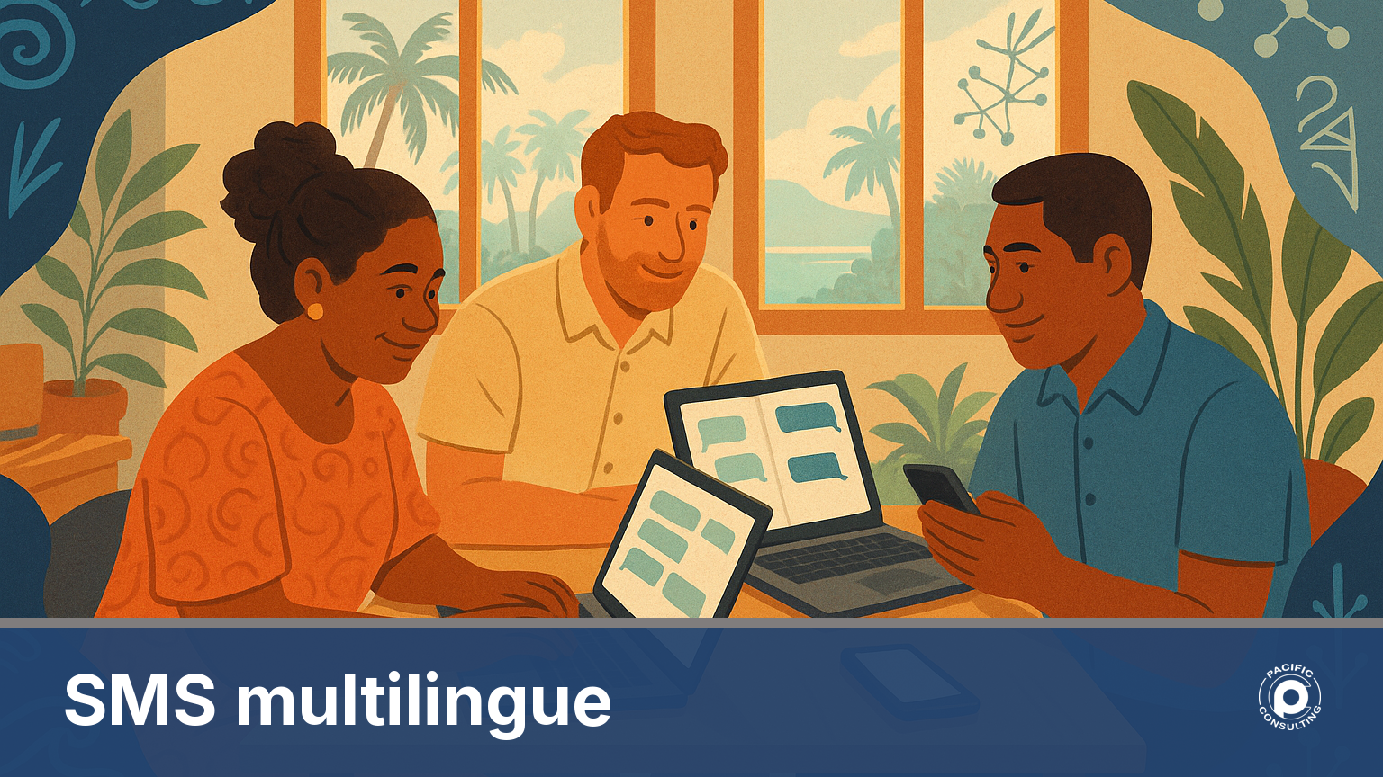 Illustration d'une équipe de service client rédigeant des SMS en français et en anglais en Nouvelle-Calédonie
